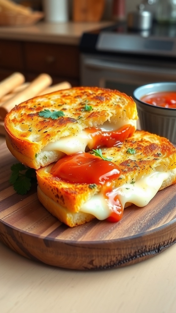 Garlic Bread Sandwich Recipe A garlic bread sandwich with melted cheese, served on a wooden board with marinara sauce.